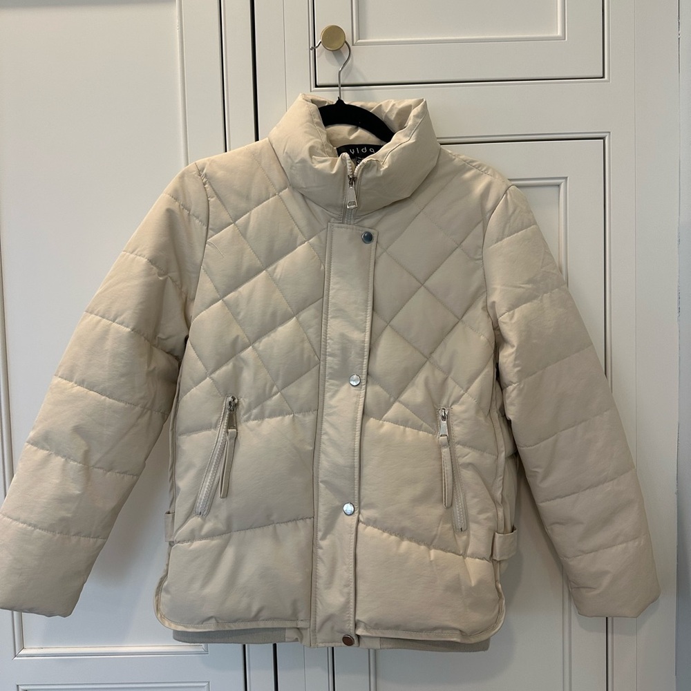 YLDQ Stone Ecru Ivory  Diamond Quilted High Neck Nylon Cozy Warm Puffer Jacket
